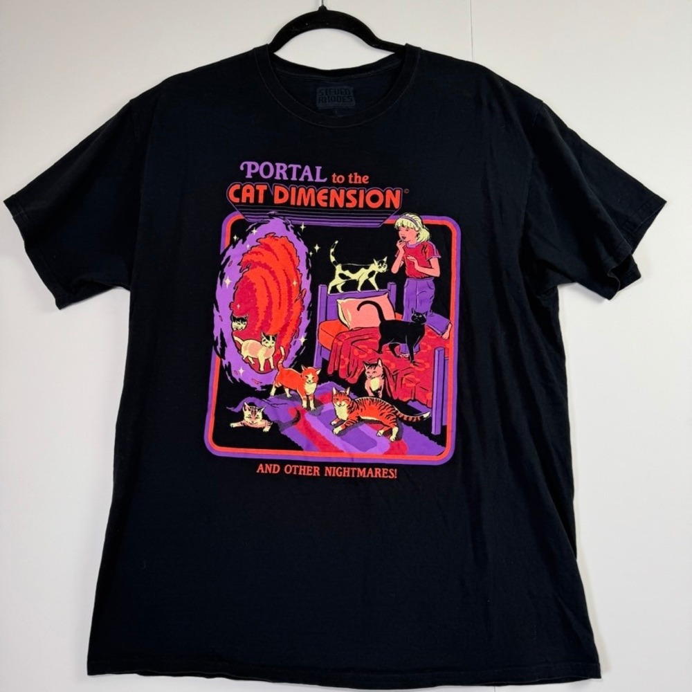 Steven Rhodes Portal to the Cat Dimension Black Graphic T-Shirt Mens Large